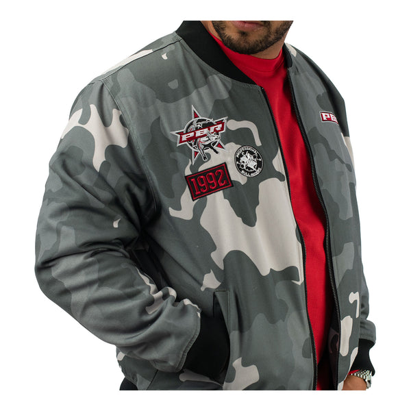 PBR Camo Bomber Jacket - Model Image Zoomed in Right Side View