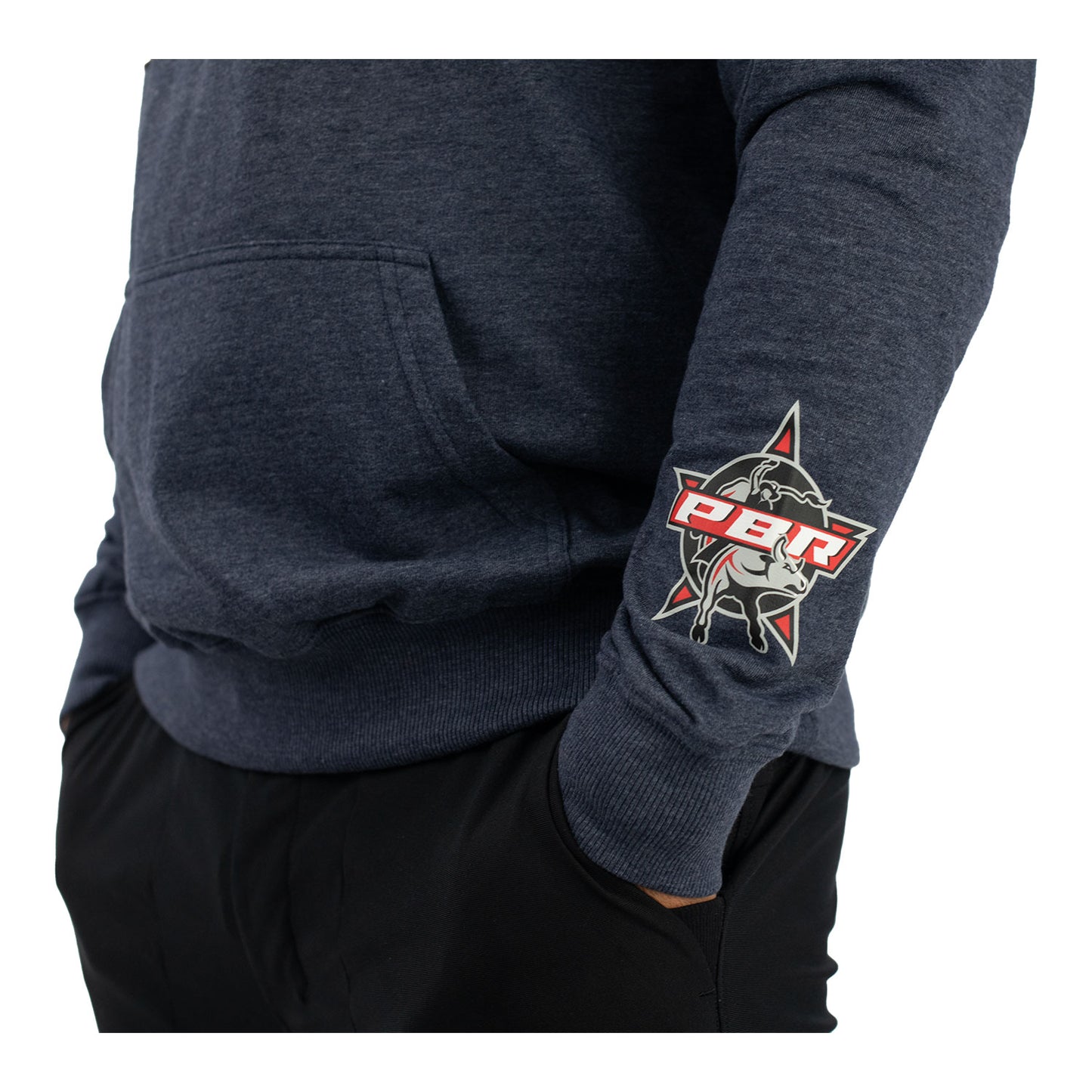 PBR Wrangler Navy Heather Hoodie - Model Image Zoomed in Left Arm Logo View