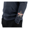 PBR Wrangler Navy Heather Hoodie - Model Image Zoomed in Left Arm Logo View