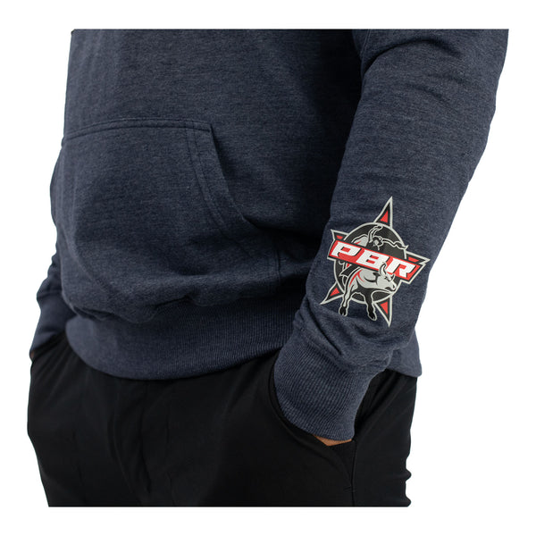 PBR Wrangler Navy Heather Hoodie - Model Image Zoomed in Left Arm Logo View