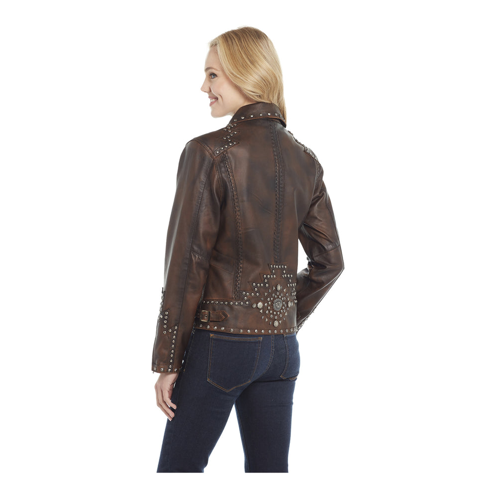 Ladies Concho Back Leather Studded Jacket - Back View