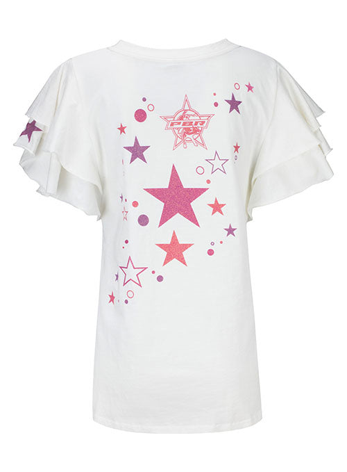 PBR Star Print Ladies Flutter Sleeve T-Shirt in White - Back View