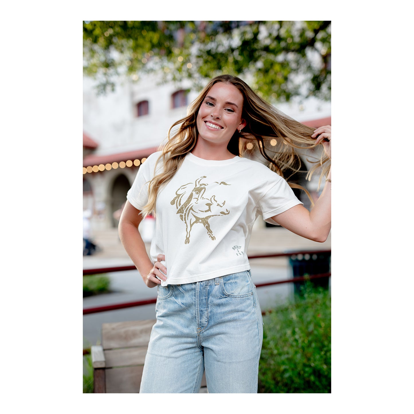 Ladies Ariat x PBR Cloud Dancer Cropped T-Shirt - Lifestyle Model Image