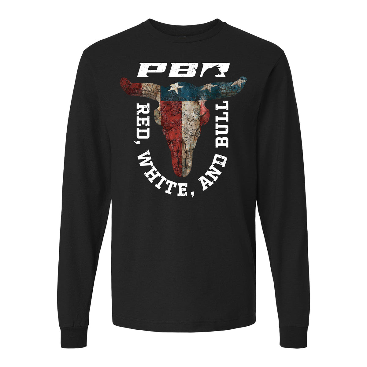 PBR Red, White, & Bull Flag Skull Long Sleeve T-Shirt - Black