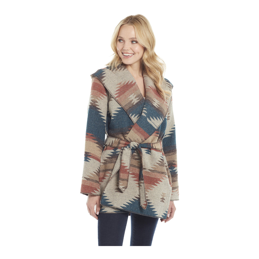 JJ X PBR Southwestern Print Tie Front Blanket Wrap Jacket with Hood - Model Front View