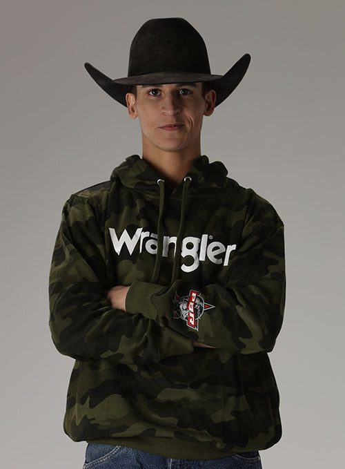 PBR Wrangler Camouflage Hoodie - Front Model View, Dalton Kasel