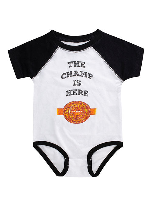 Infant Champ Is Here Onesie in Black and White - Front View