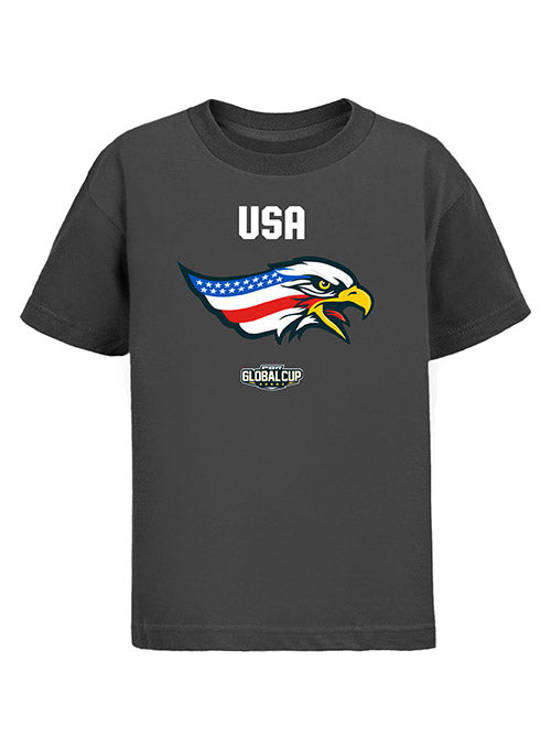 Global Cup USA Eagles Team Mascot Youth T-Shirt in Charcoal - Front View