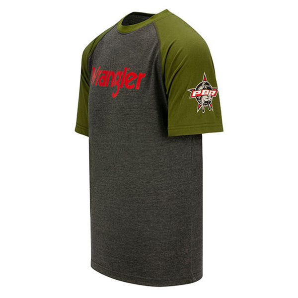 PBR Wrangler Contrast Two Tone T-Shirt in Green and Grey - Angled Left Side View