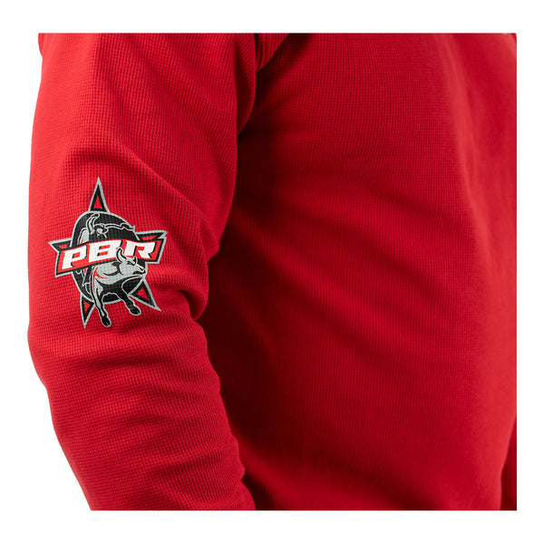 PBR Red Wrangler Long Sleeve Thermal - Model Image Zoomed In Right Arm Patch View