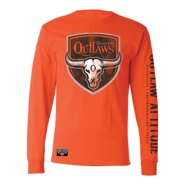 Kansas City Outlaws Long Sleeve Distressed T-Shirt in Orange - Front View