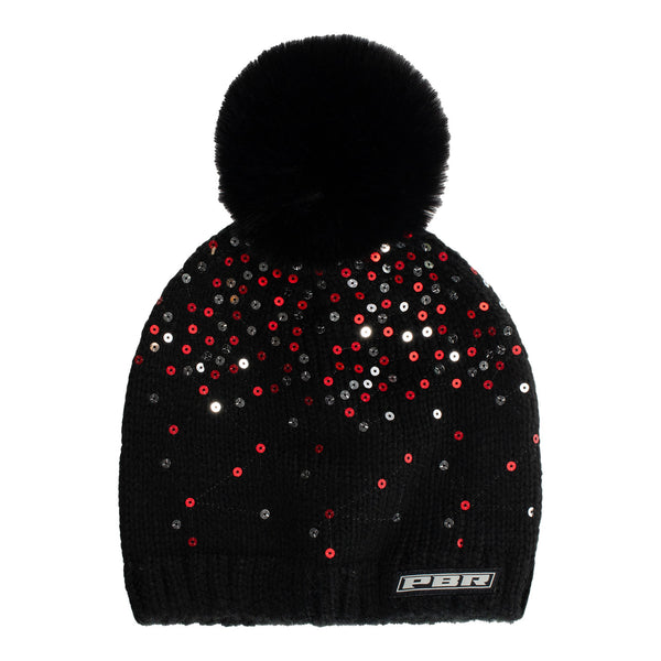 Black Scatter Sequin Pom Beanie in Black - Front View