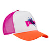 PBR Alma Neon Trucker Hat in Pink, White and Orange - Angled Right Side View