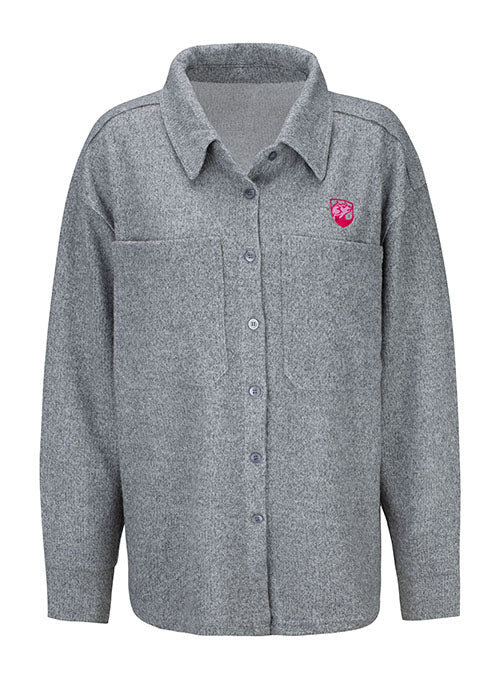 PBR Ladies Embroidered Crest Shirt Jacket in Grey with Pink - Front View