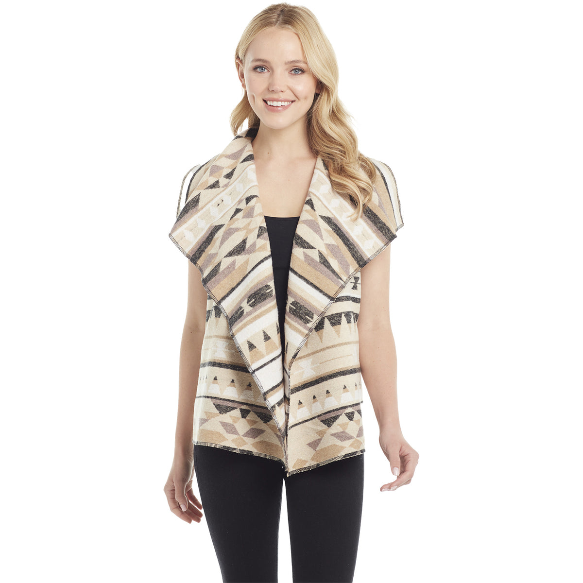 Ladies Beige Navajo Open Blanket Wrap - Front View on Model