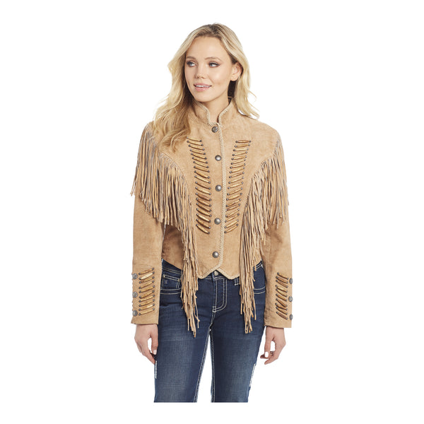 Ladies Beaded Suede Fringe Light Brown Military Jacket - Front View