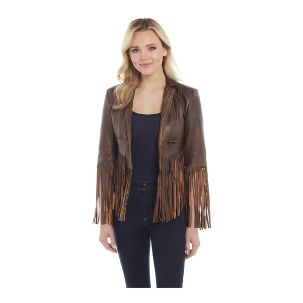 Ladies Cropped Fringe Jacket - Front View on Model