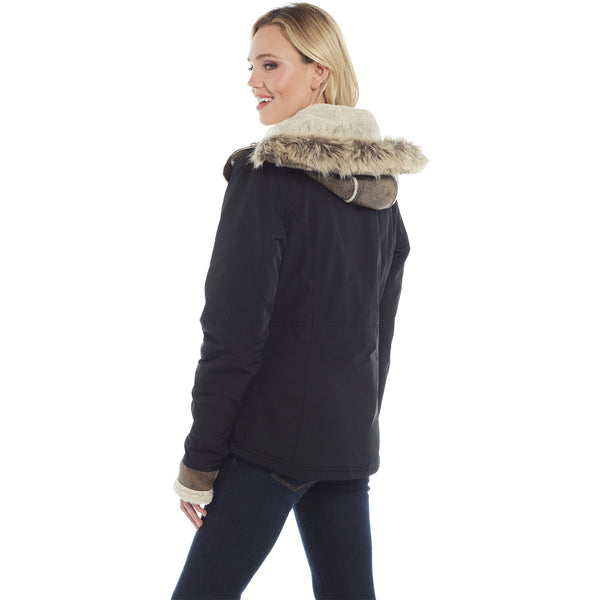 Ladies Faux Shearling Jacket with Rimmed Hood - Back Side View on Model