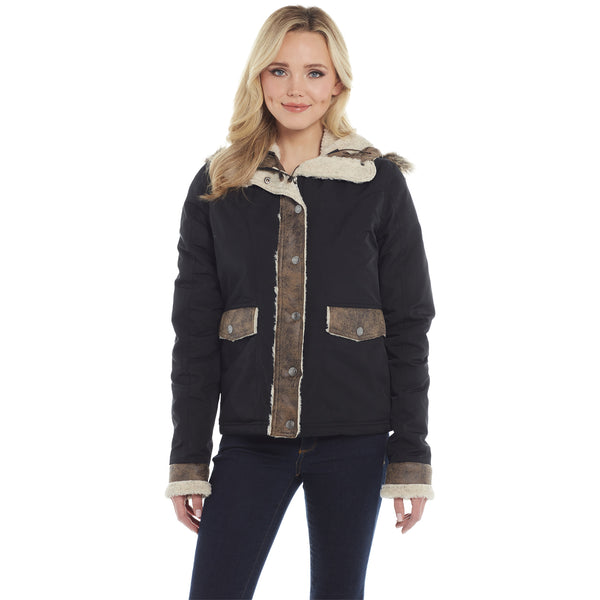 Ladies Faux Shearling Jacket with Rimmed Hood - Front View on Model