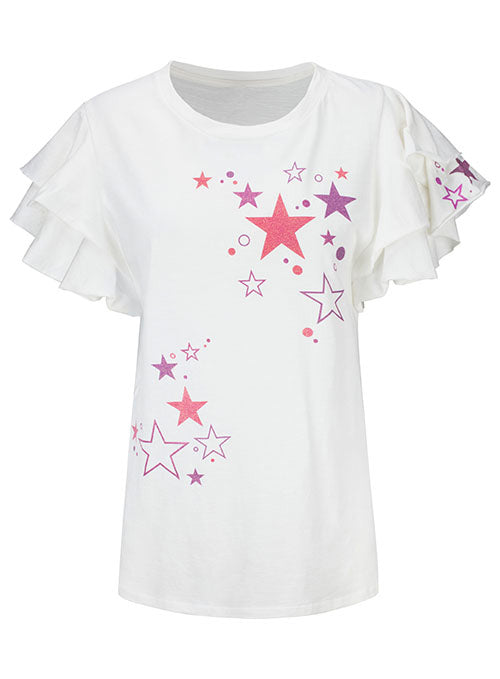 PBR Star Print Ladies Flutter Sleeve T-Shirt in White - Front View