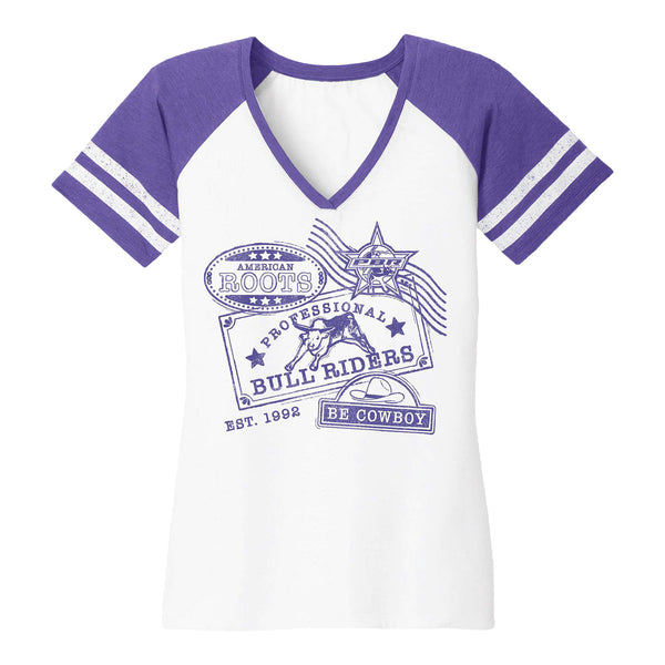 PBR Ladies Postage Stamp V-Neck T-Shirt in Purple and White - Front View
