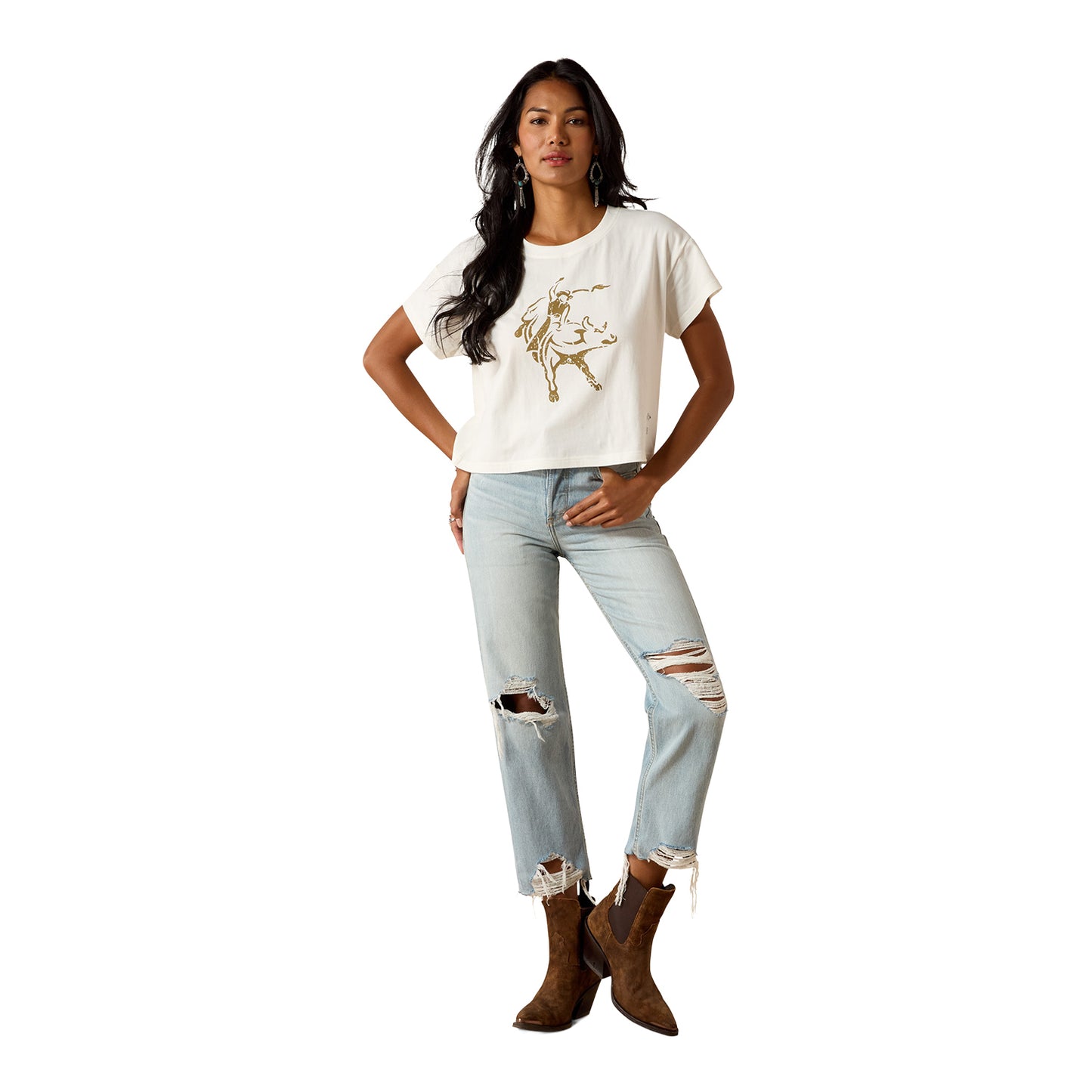 Ladies Ariat x PBR Cloud Dancer Cropped T-Shirt - Model Image Zoomed Out Front View