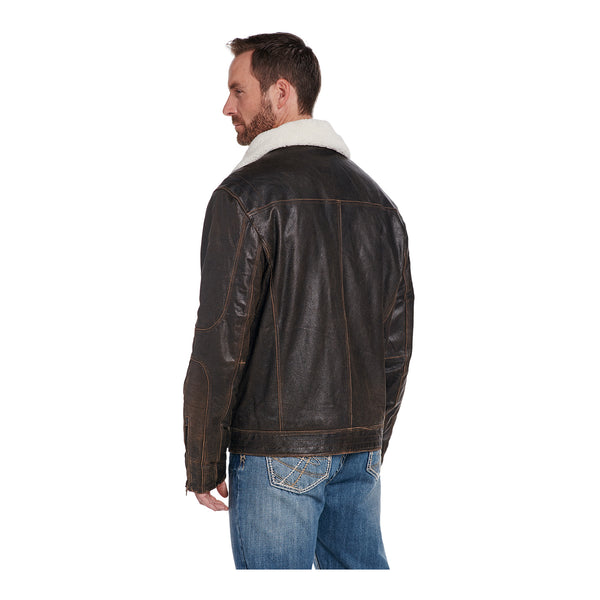 Men's Leather Jacket with White Sherpa Lined Collar - Back View