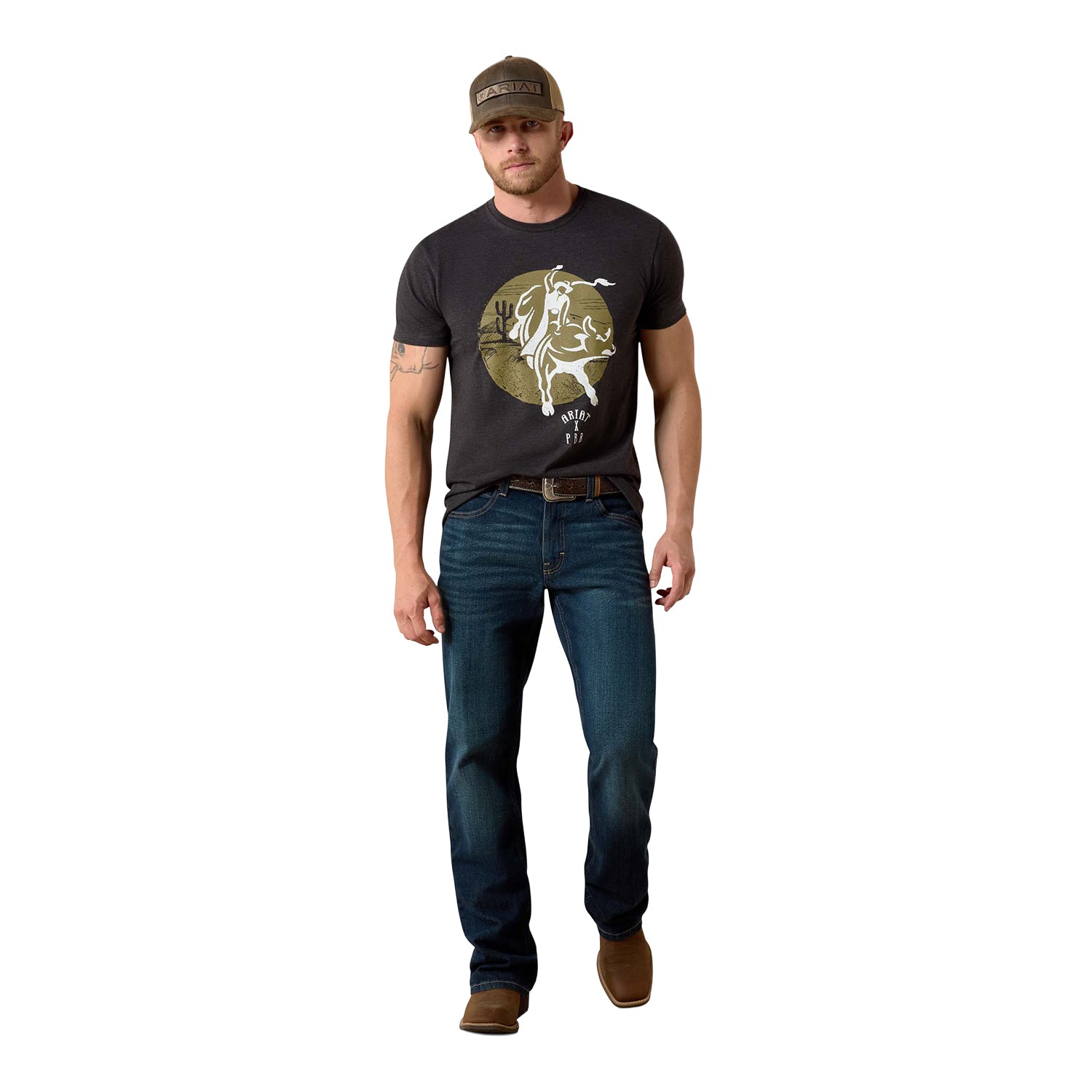 Ariat x PBR No Guts No Glory Black T-Shirt - Zoomed Out Model Image Front View