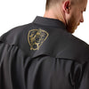 Ariat x PBR Western Black Button Up Shirt - Model Image Zoomed in Back Logo View