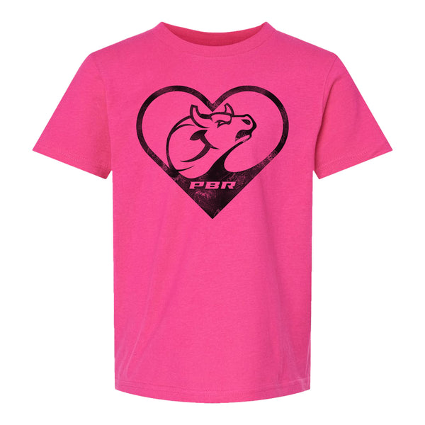 PBR Bull Head Heart Crest Youth T-Shirt - Pink - Front View