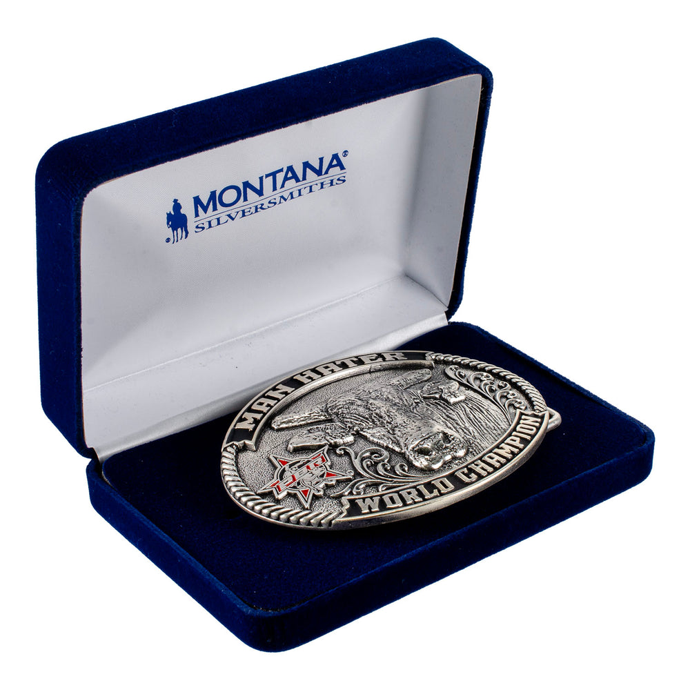 Man Hater World Champion Commemorative Belt Buckle - Front View - In Box Angled Left Side View