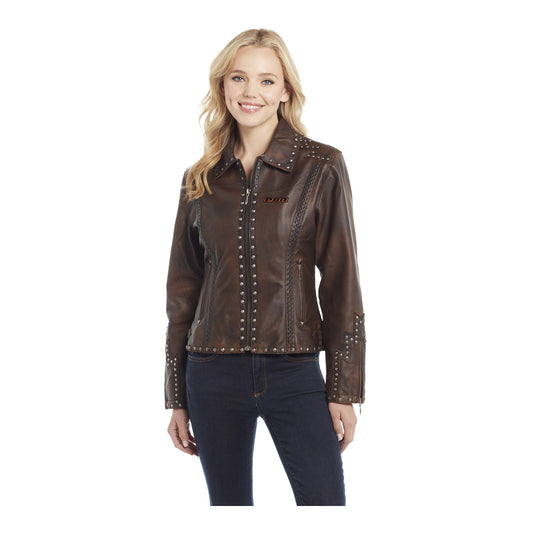 Ladies Hand Laced Leather Studded Jacket - Front View