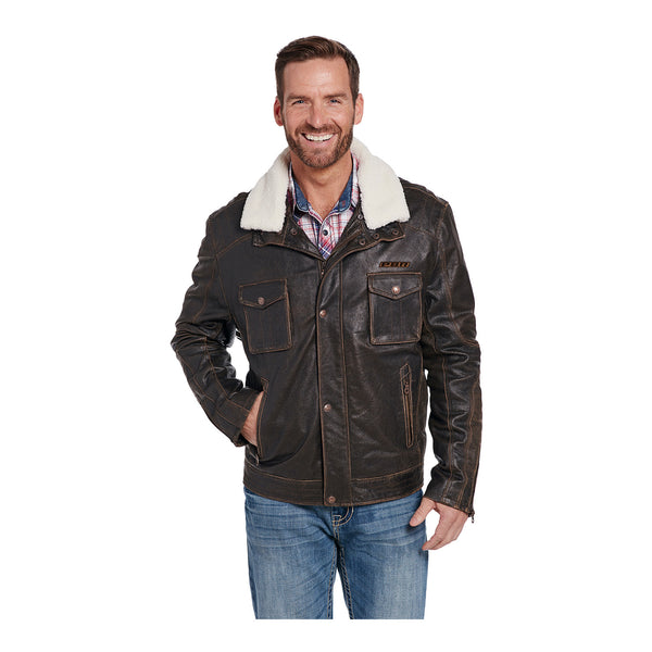 Men's Leather Jacket with White Sherpa Lined Collar - Front View