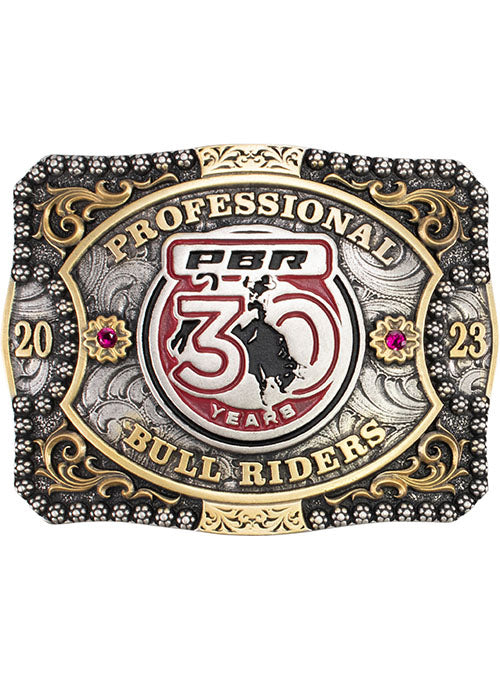 PBR 30th Anniversary Belt Buckle in Silver, Gold and Red - Front View