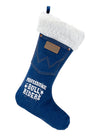 Wrangler Sherpa Denim Christmas Stocking in Blue and White with Patch - Front View, Angled