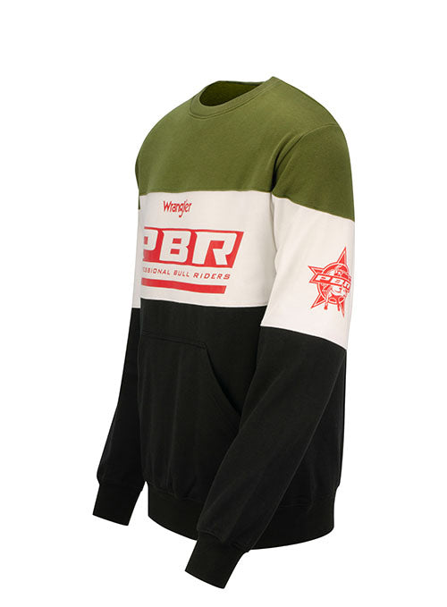 PBR Wrangler Color Blocked Crewneck in Olive, White and Black - Side View