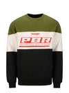 PBR Wrangler Color Blocked Crewneck in Olive, White and Black - Front View