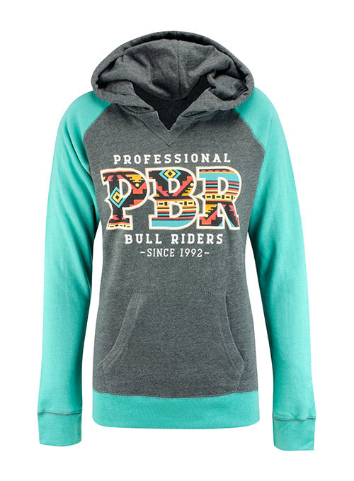 Ladies PBR Raglan Hooded Sweatshirt in Charcoal and Seaglass - Front View