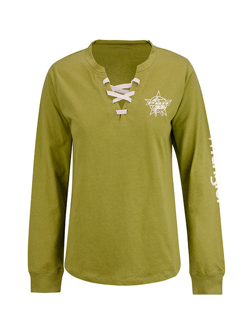 PBR Wrangler Drawstring Ladies Long Sleeve in Olive Green - Front View