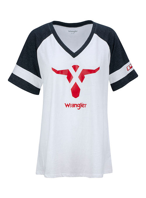 PBR Wrangler Ladies V-neck in White and Grey - Front View