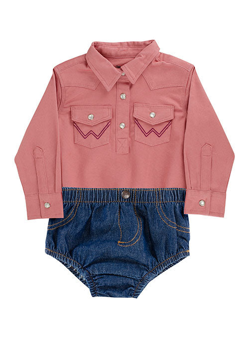 Wrangler Baby Girl Long Sleeve Bodysuit in Pink - with Wrangler Infant Diaper Cover - Front View