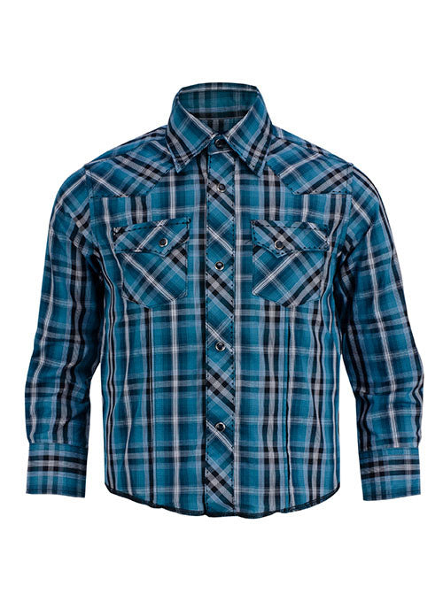 Wrangler Boy's Fashion Snap Long Sleeve Shirt in Blue - Front View