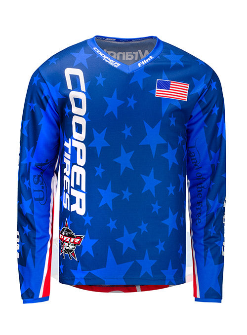 PBR Cooper Tires Stars & Stripes Long Sleeve Jersey in Blue - Front View