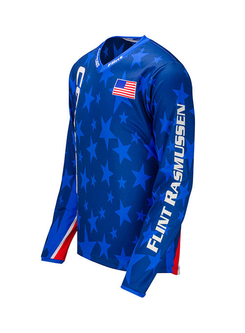 PBR Cooper Tires Stars & Stripes Long Sleeve Jersey in Blue - Side View
