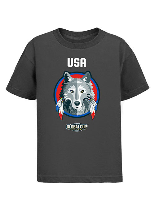 Global Cup USA Wolves Team Mascot Youth T-Shirt in Charcoal - Front View