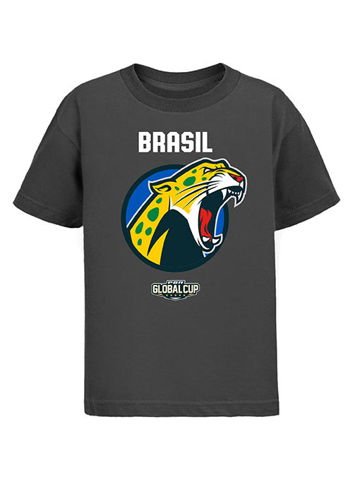 Global Cup Brasil Team Mascot Youth T-Shirt in Charcoal - Front View