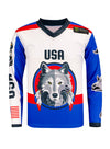 PBR Global Cup USA Wolves Sublimated Youth Jersey in White and Blue - Front View