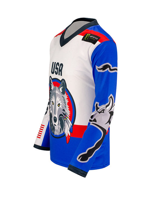 PBR Global Cup USA Wolves Sublimated Youth Jersey in White and Blue - Left View